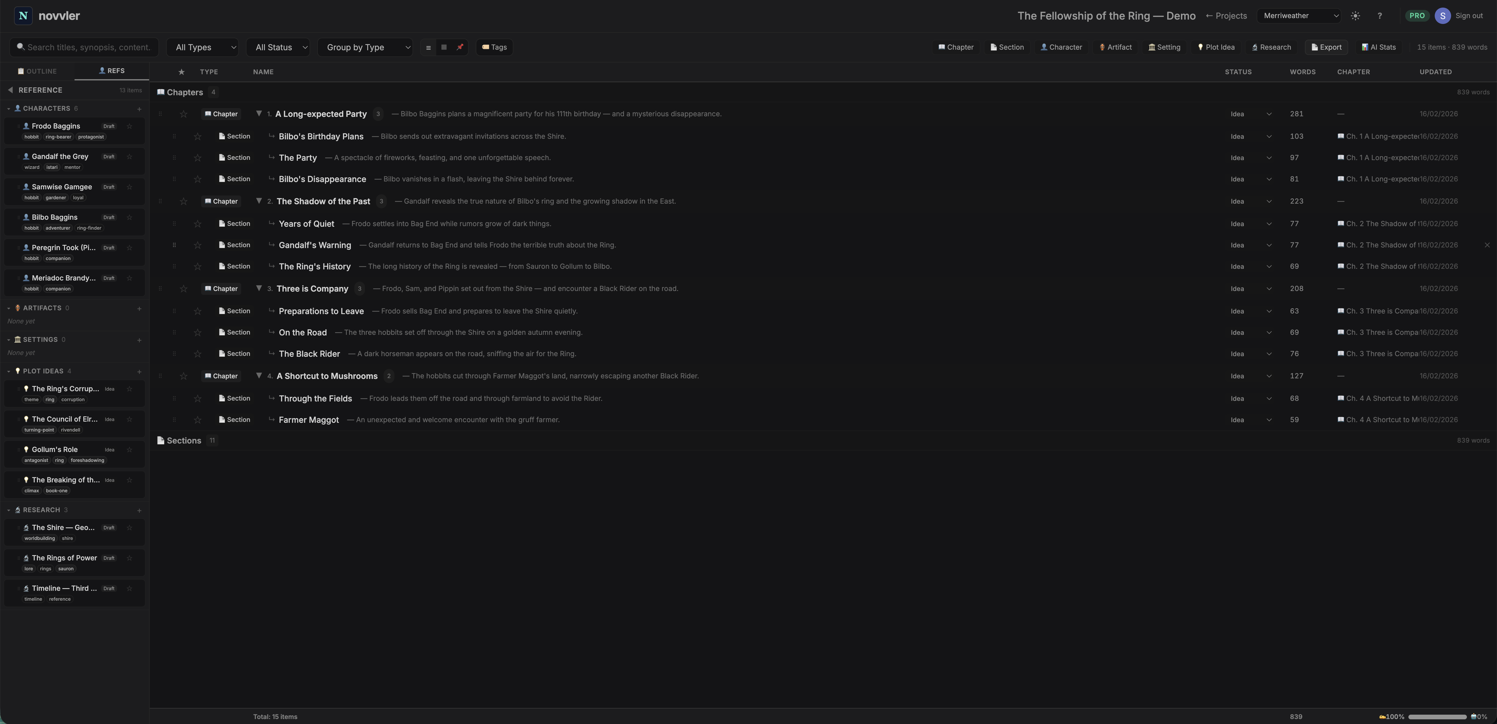 Reference dock with character and setting cards alongside the editor