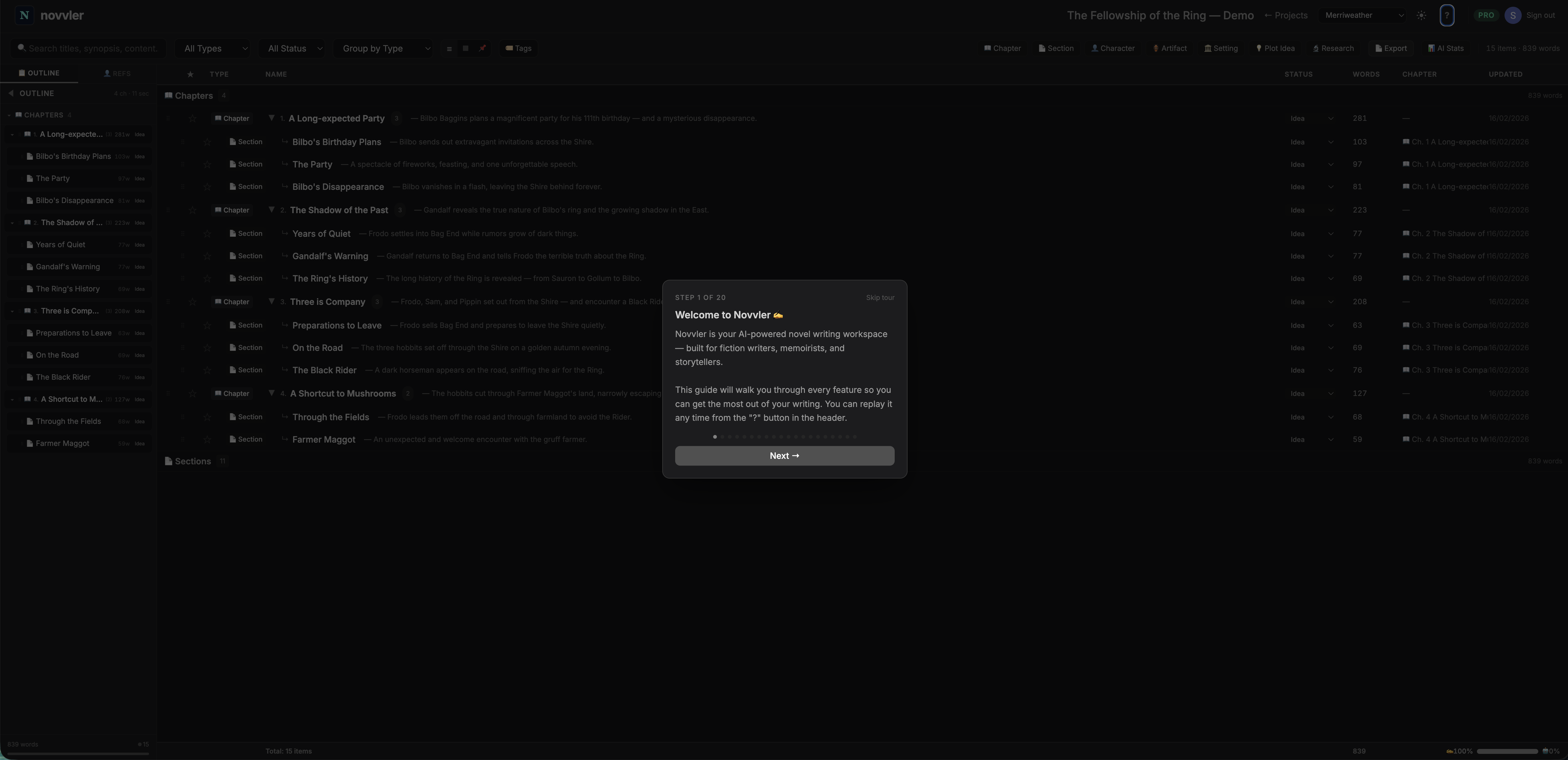 Novvler workspace with outline panel, editor, and detail view